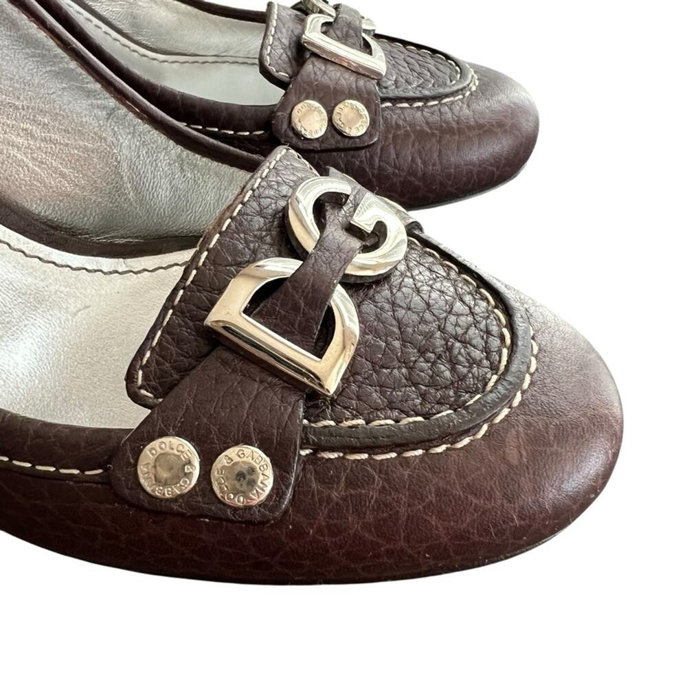 Dolce & Gabbana Women’s Vintage Y2K Brown Round Toe Silver Logo Pump Heels 38 - Picture 6 of 11